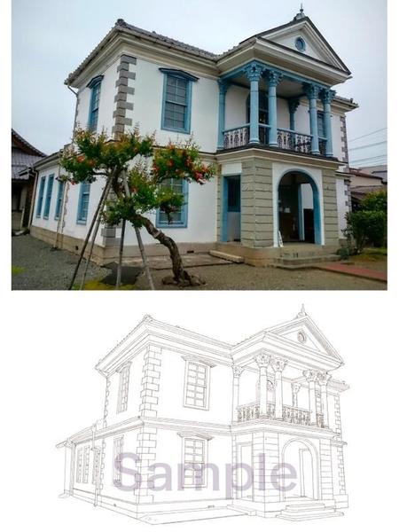 現存する建物（風景）を手描き風に描き起こします。