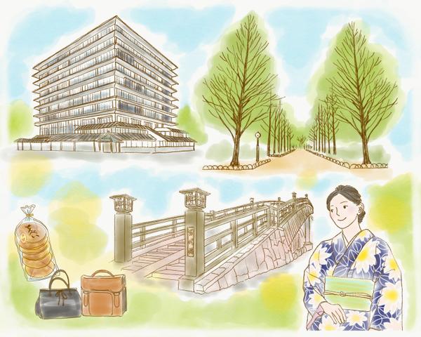 観光名所や地場産業を入れたイメージイラストを描きます