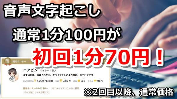 通常1分100円が初回1分70円の音声文字起こし