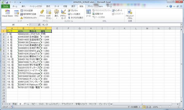 amazonランキング上位20(カテゴリ別)情報取得マクロ