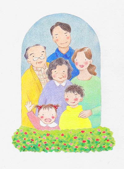 家族イラスト　色鉛筆