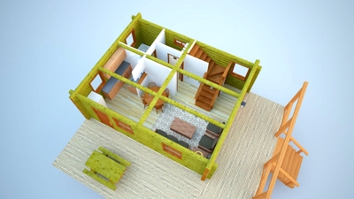 ④ログハウスの3D内装予想図