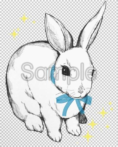 リボンをつけたペン画のウサギ