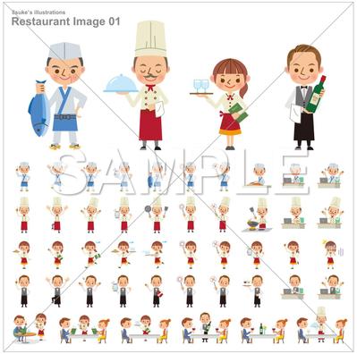 イラスト素材：飲食店スタッフのポーズセット