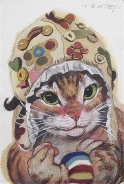 帽子をかぶった猫の水彩画