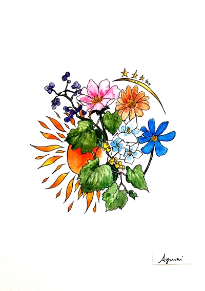 花と太陽・月　　イラスト・デザイン・ロゴ