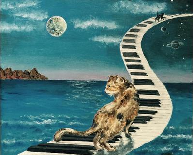 油絵「ピアノの階段を上る猫」