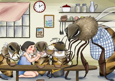 オリジナルイラスト　みつばちさんちの食卓