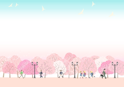 桜咲く街路樹を歩く人