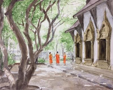 カラーイラスト　水彩画　タイの僧侶