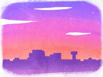 水彩風　風景イラスト「夕焼けの街」