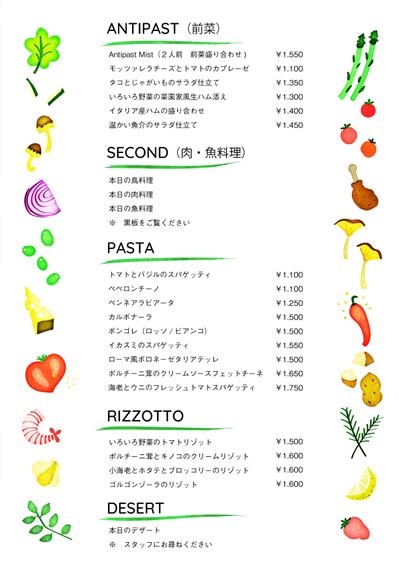 イタリア料理店　料理メニュー