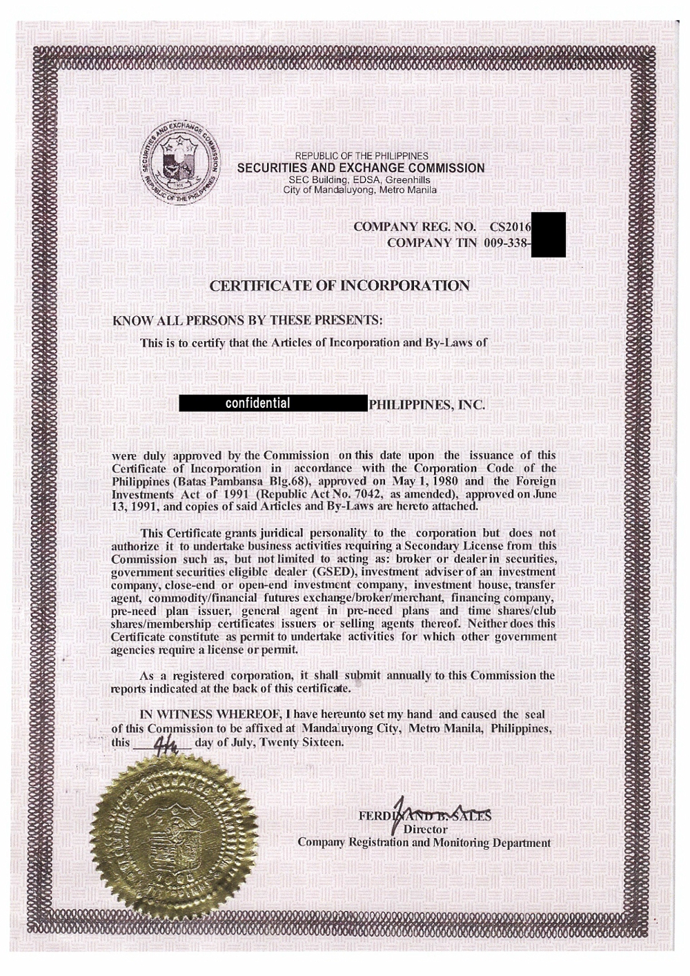 フィリピン日系子会社の登記証