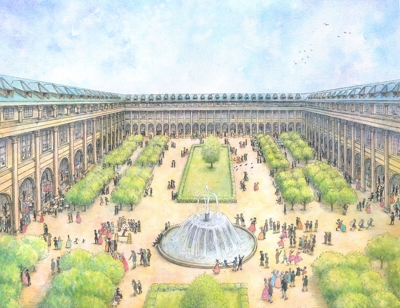 18世紀パリ、パレ・ロワイヤル広場のイラスト（想像図）