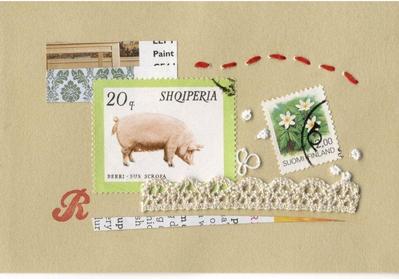 動物切手のコラージュ　ブタ