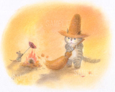 麦藁帽子をかぶった猫　落ち葉焚き