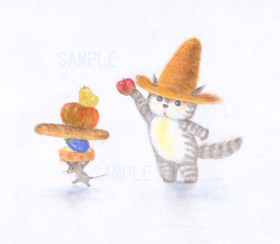 麦藁帽子をかぶった猫　食欲の秋