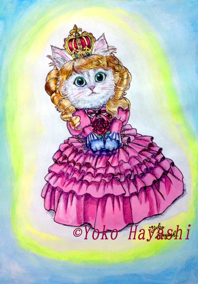手描き絵画をアクリルキーホルダー化『猫姫様』（水彩画）