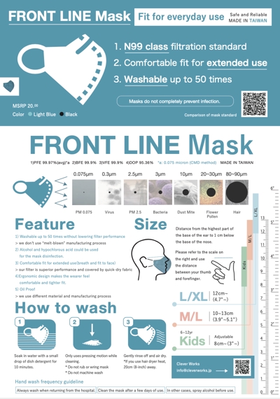 N99クラスのマスク「フロントライン」販売用チラシ作成（日本語・英語）