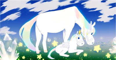 七色の毛を持つ白馬が星の散りばめられた空間にいる