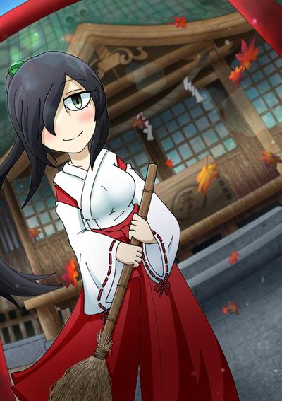 神社と女性キャラ