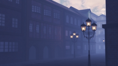 作例011：霧の街の風景（背景）イラスト