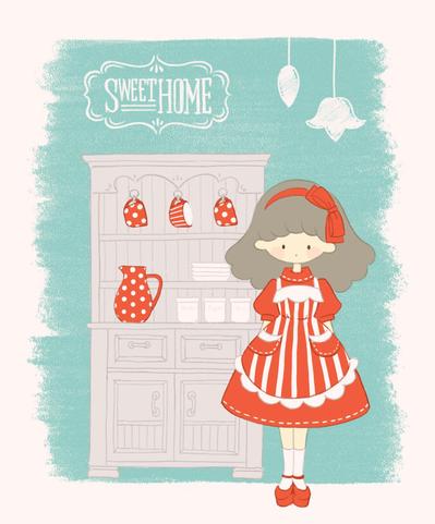 女の子とアンティークなカップボードのイラスト