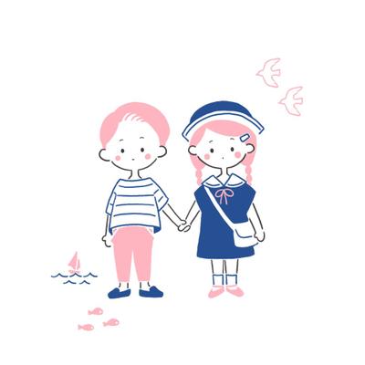 マリンルックのちいさなカップルのイラスト