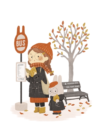 秋のバス停に立つ女の子とうさぎのイラスト
