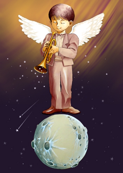 満月の夜にトランペットを吹くタキシードの天使イラスト