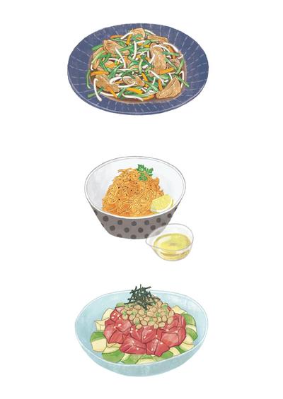 書籍挿絵「善玉酵素で腸内革命」素材の組み合わせによる料理のイラスト