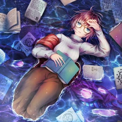 背景つきピンナップ(仰向けで床に転がっている眼鏡をかけた女性)