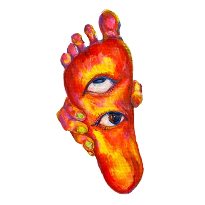 油彩作品「足と目と手」（A4）