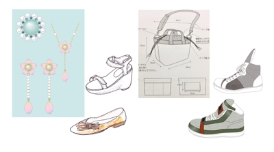 アクセサリー、バッグ、靴、スニーカーのデザイン画、絵型、仕様書作成