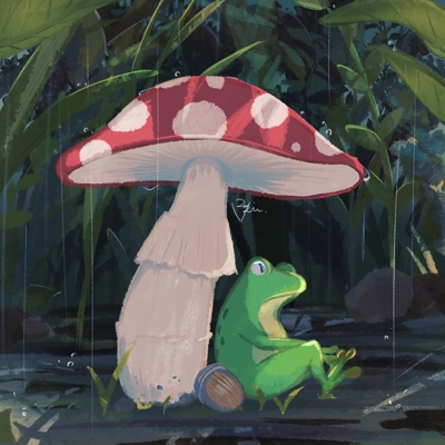 「雨宿り」　絵本のワンシーンのようなイラスト