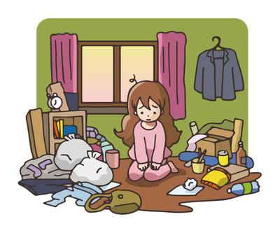 散らかった部屋、片付けが苦手な人物のシンプルイラスト