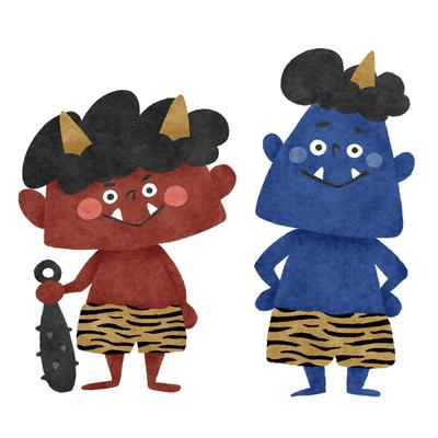 節分・赤鬼と青鬼の絵本風イラスト