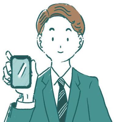 スマホを片手に持つビジネスマン男性の半身シンプルカットイラストサンプル