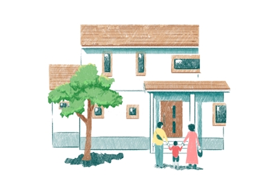 一軒家と家族の手描き風カットイラストサンプル