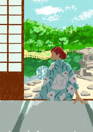 シンプルな浴衣を着た女性に縁側と庭の本格的な背景のイラストサンプル