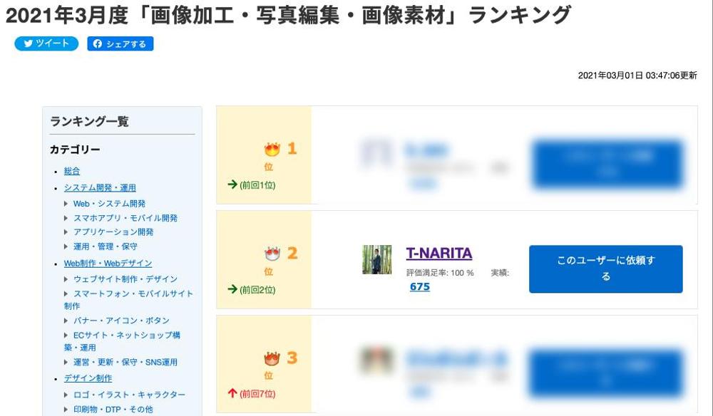 2021年3月度「画像加工・写真編集・画像素材」ランキング2位獲得!
