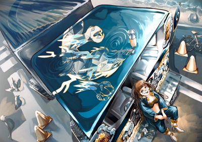 オリジナルイラスト「デコトラ青龍号」少女全身＋トラック＋風景 を描きました