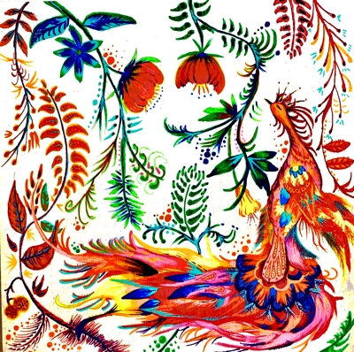 ペトリキウカ風イラスト「赤い鳥」