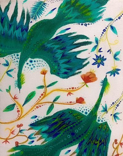 ペトリキウカ風イラスト「緑の鳥」
