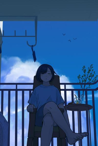 夏の昼のベランダで涼む
