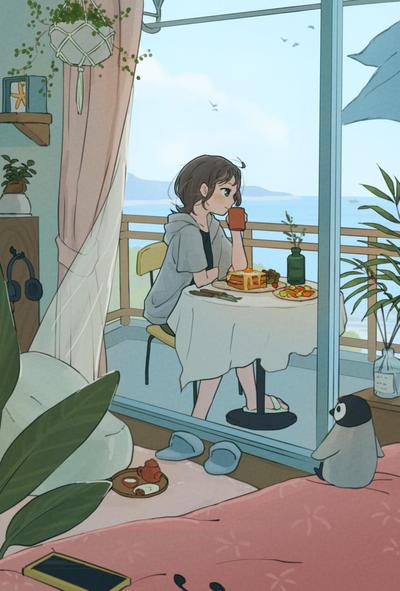 海辺の部屋で朝食を食べる女性