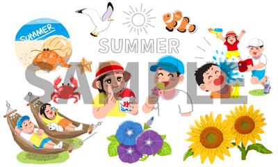 夏休みを満喫する子供のイラストセット（PIXTAにて公開中）