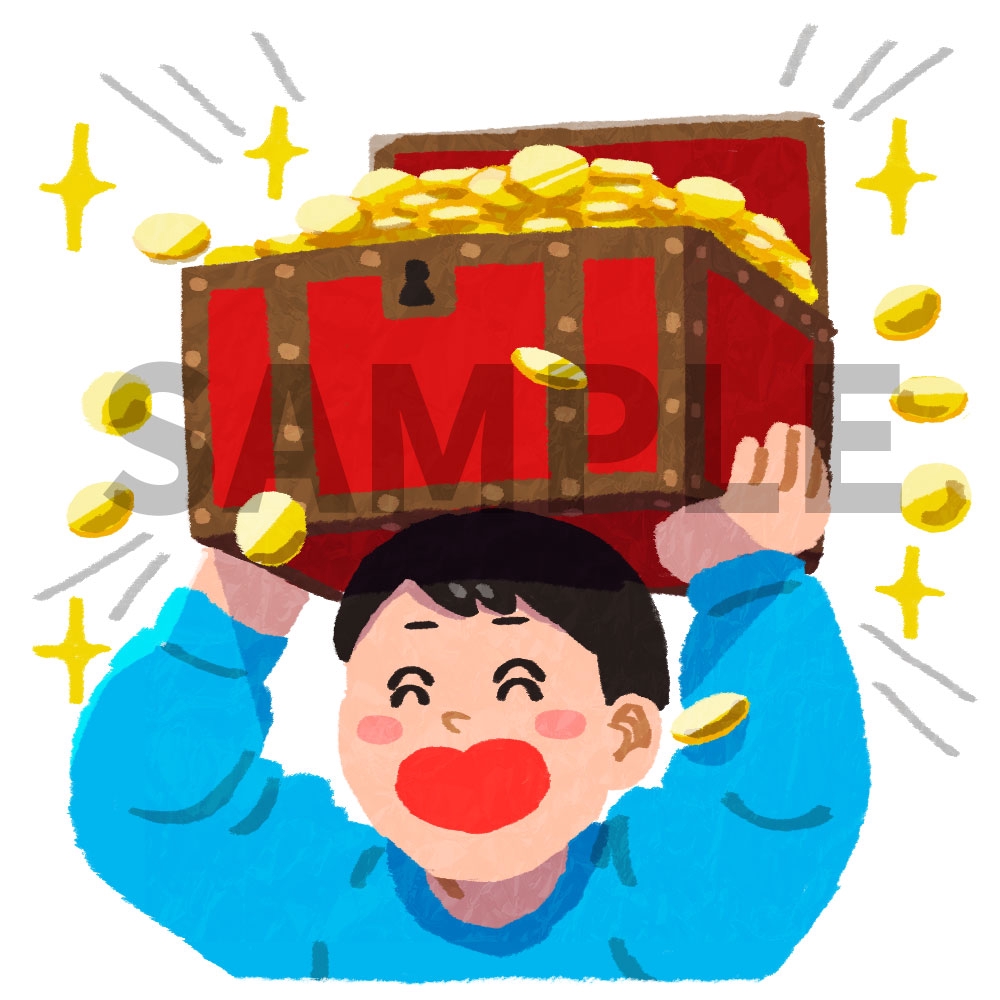金貨いっぱいの宝箱を掲げ笑顔な男性