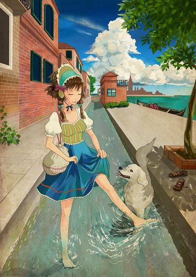 看板娘と犬と水浴び