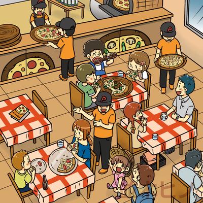 ピザ屋さんのまちがいさがしを描きました